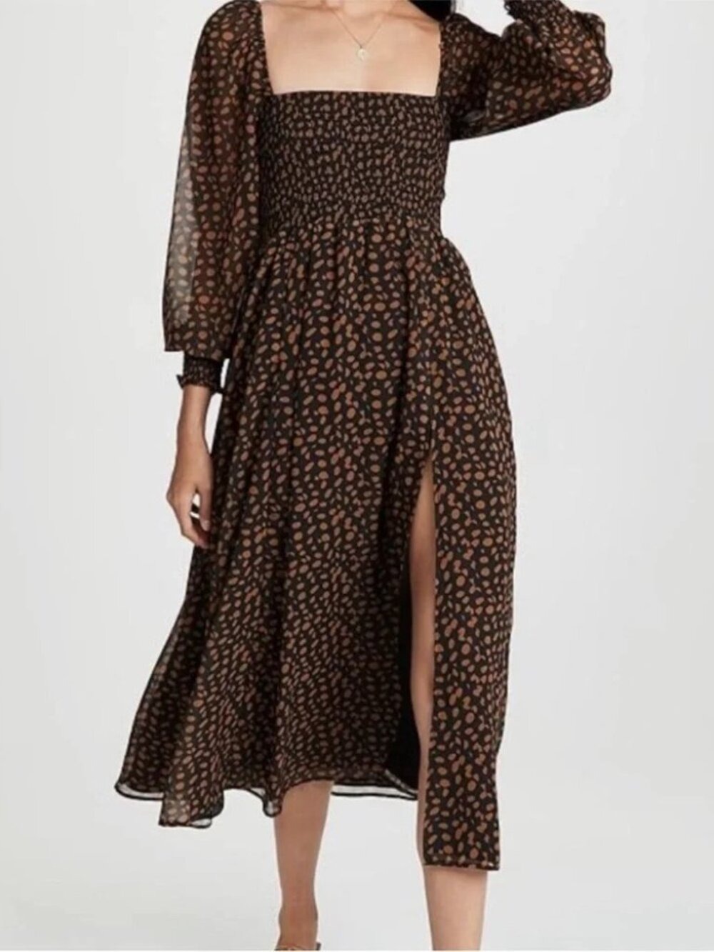 O.P.T. Black Brown Smocked Long Sleeve Midi Dress XL NWT Cottage Flowy Polka Dot